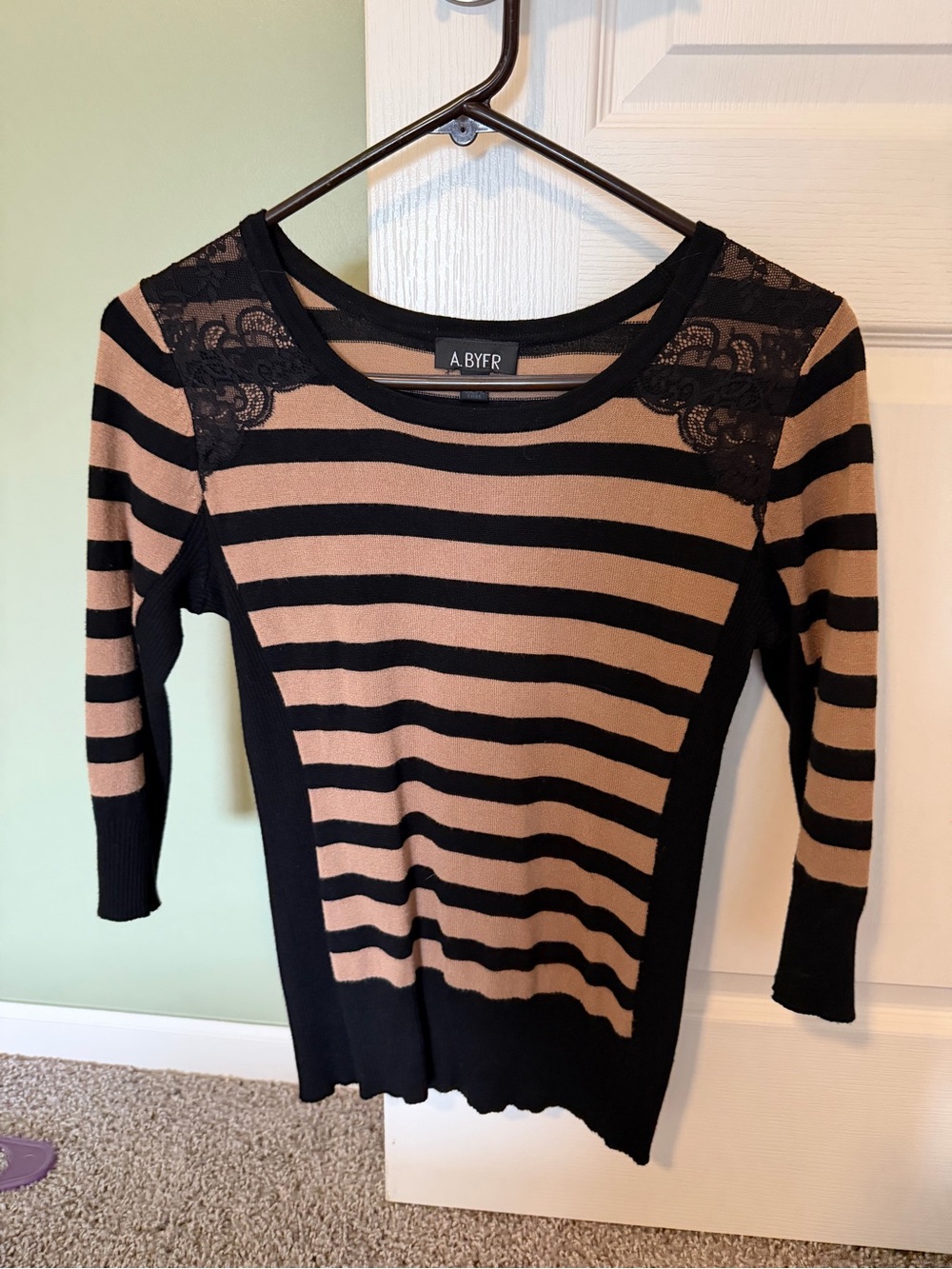 A. Byer Black and Camel Striped Lace-Shoulder Sweater